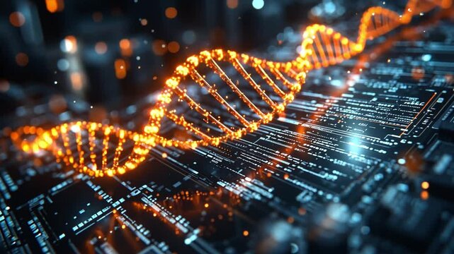 3D representation of a DNA helix overlaid on a vibrant technological background