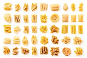 Large assortment of Italian pasta portions on white background