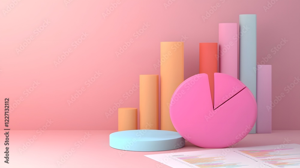 Leinwandbilder Sleek and Futuristic 3D Pie Chart Placed in an Analytical Workspace Featuring Printed Data Sheets Line Graphs and Business Reports   Symbolizing Modern Financial Analysis and Strategic Planning