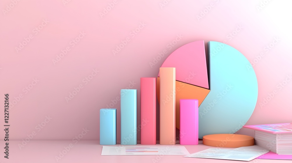 Poster A 3D rendered pie chart with glossy vibrant sections positioned on a cluttered business desk filled with trend analysis charts financial sheets and performance reports