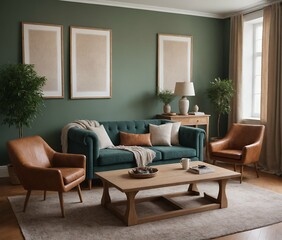 A modern living room with a green and brown colour sofa set with multiple photo frames is displayed on the green colour wall 3d illustration.