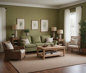 A modern living room with a light green colour sofa set with multiple photo frames is displayed on the lemon colour wall 3d illustration.