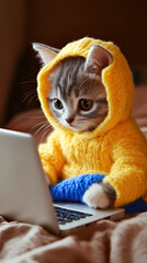 Fototapeta premium a kitten in yellow and blue clothes, sitting and working at a laptop