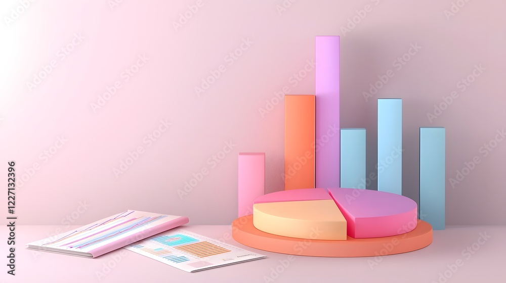 Poster Visually Appealing 3D Data Visualization Featuring a Colorful Pie Chart on a Neatly Arranged Office Table with Organized Statistical Documents Economic Growth Graphs and Professional Reports