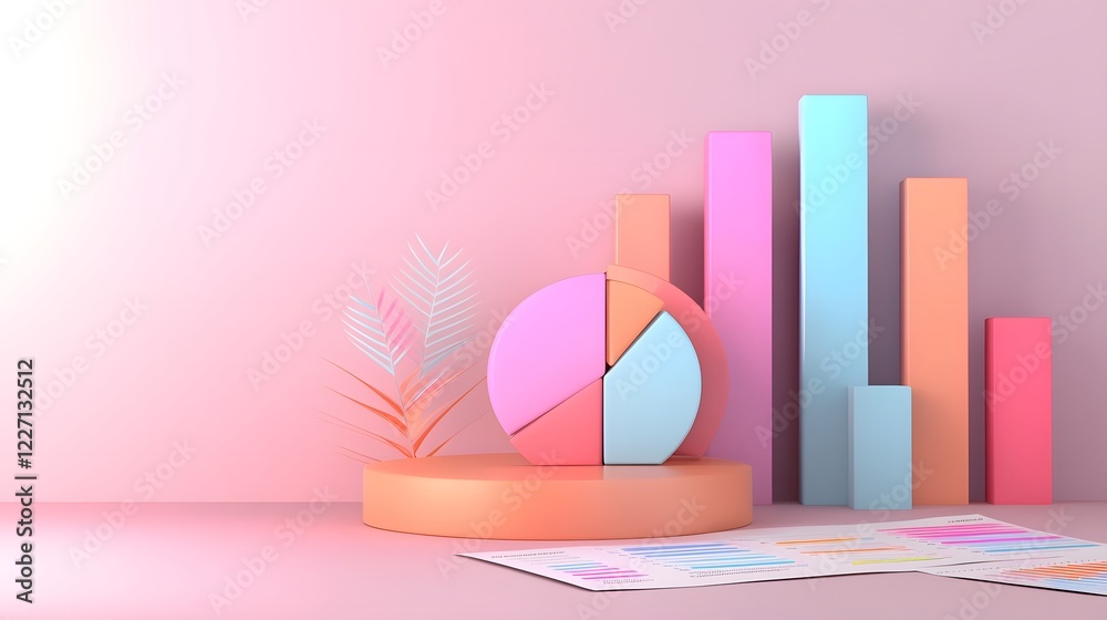Leinwandbilder Contemporary 3D business intelligence setup featuring a segmented multicolored pie chart placed on a workspace filled with financial performance market data sheets and strategic planning documents