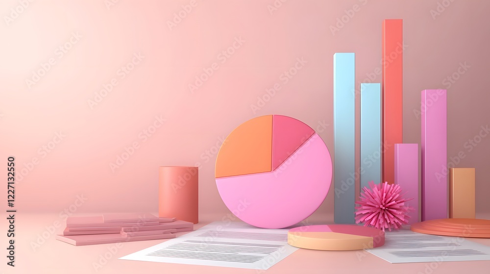 Poster A dynamic corporate finance concept with a 3D pie chart as the centerpiece surrounded by various market analysis documents data driven charts and printed spreadsheets