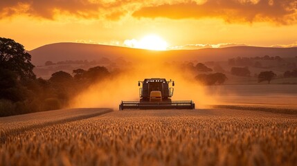 Fototapeta premium Combine harvester harvesting wheat at sunset. (1)