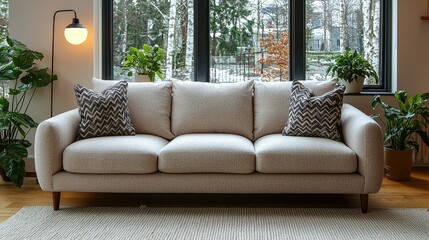Fototapeta premium Beige Sofa with Throw Pillows in Modern Living Room