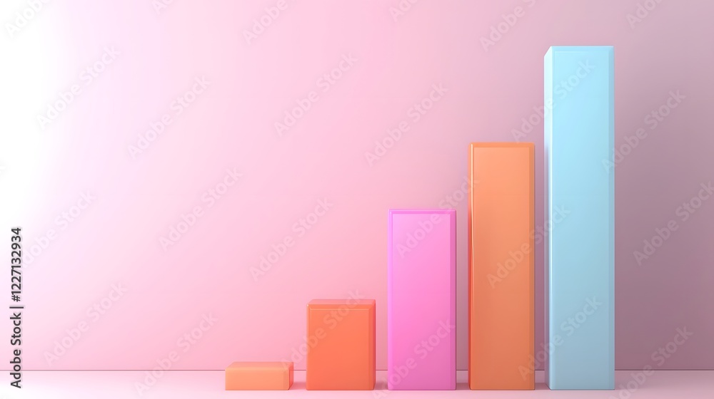 Aufkleber Ascending 3D Bar Graph with Glossy Multicolored Iridescent Finish Floating in a Digital Space Symbolizing Success Performance Improvement and Cutting Edge Analytics