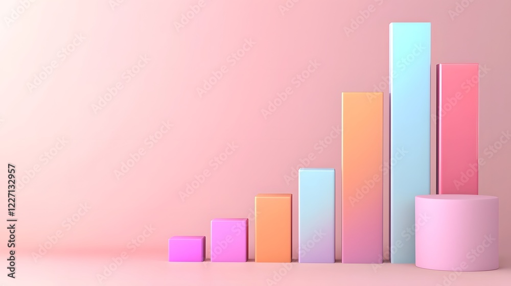 Poster A vibrant 3D rendered bar graph with metallic and iridescent reflections ascending smoothly in height to represent progress achievement and financial growth surrounded by a futuristic abstract design