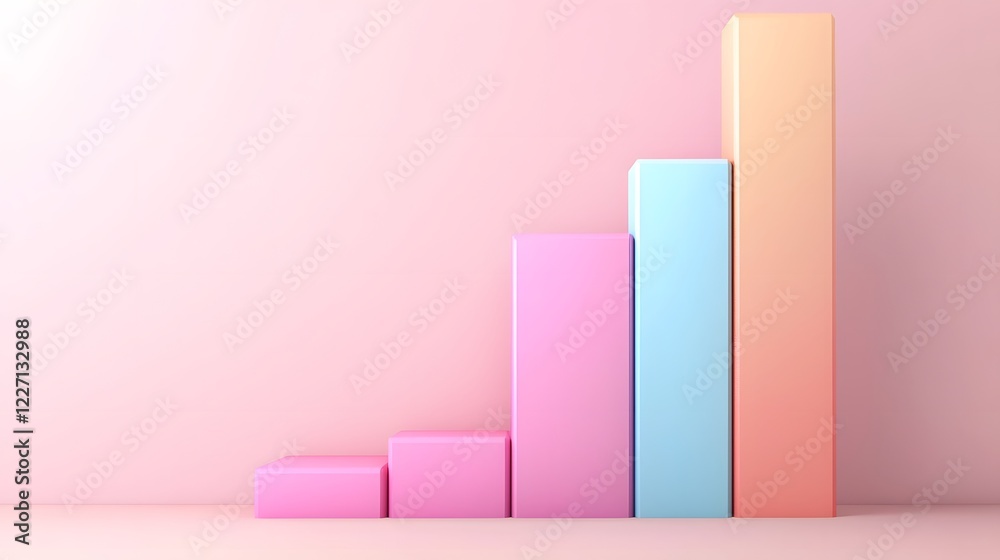 Poster A high tech visualization of an ascending 3D bar graph with a glossy multicolored iridescent finish floating in a digital space symbolizing success performance improvement and cutting edge analytics