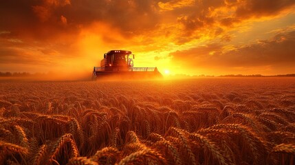 Fototapeta premium Combine harvester harvesting wheat at sunset.