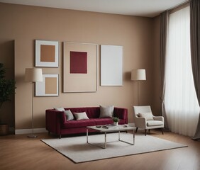 Fototapeta premium A modern living room with a dark pink colour sofa set and multiple photo frames is displayed on the beige colour wall 3d illustration.