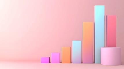 A vibrant 3D rendered bar graph with metallic and iridescent reflections ascending smoothly in height to represent progress achievement and financial growth surrounded by a futuristic abstract design