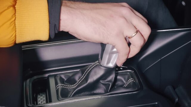 Automatic Gearbox Transmission. Driver In Auto Gear Lever Drive Mode GearBox. Driver Driving SUV truck Automobile. Gear shift Transmission