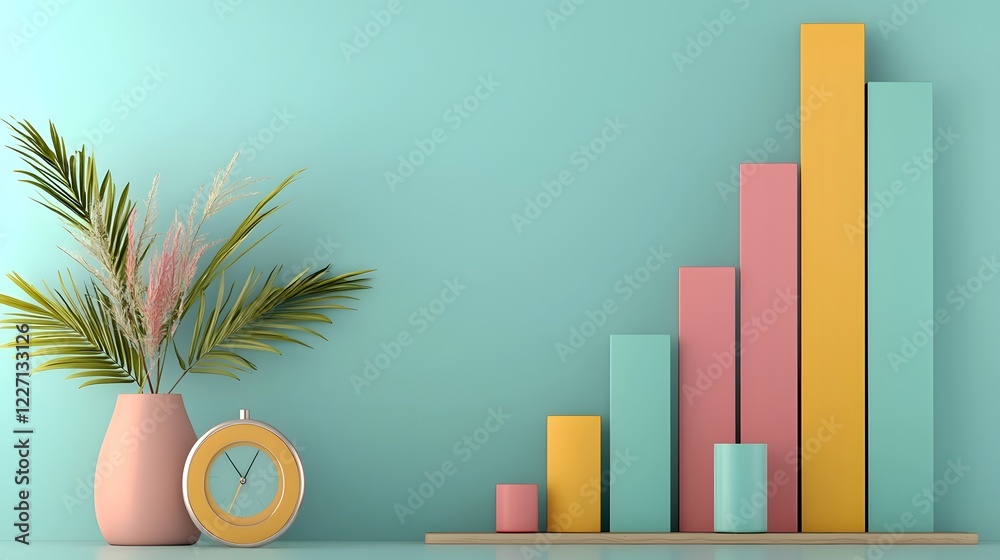 Poster Sleek 3D Business Chart with Iridescent Bars in a Futuristic Gradient Backdrop Symbolizing Continuous Improvement and Innovation through Dynamic Data Visualization