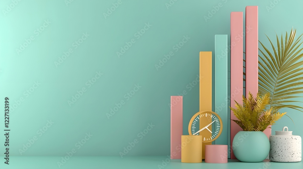 Poster Dynamic 3D Business Chart with Iridescent Bar Elements Increasing in Height Against a Soft Gradient Background with Glowing Futuristic Lighting Effects