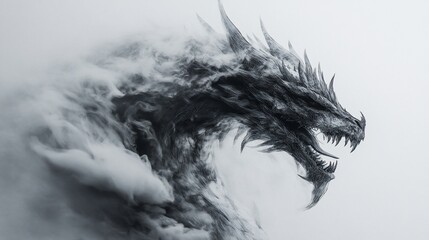 Fototapeta premium Majestic dragon emerges from smoky mountain peak; fantasy game art