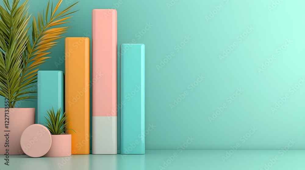 Poster Sleek and professional 3D rendered infographic showcasing an ascending bar graph with glowing iridescent colors set against a clean modern background with subtle reflections representing vision