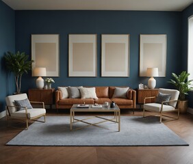 A modern living room with a brown colour sofa set with multiple photo frames is displayed on the blue colour wall 3d illustration.