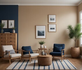 Fototapeta premium A modern Scandinavian-inspired living room with a armchair set and multiple photo frames is displayed on the wall 3d illustration.