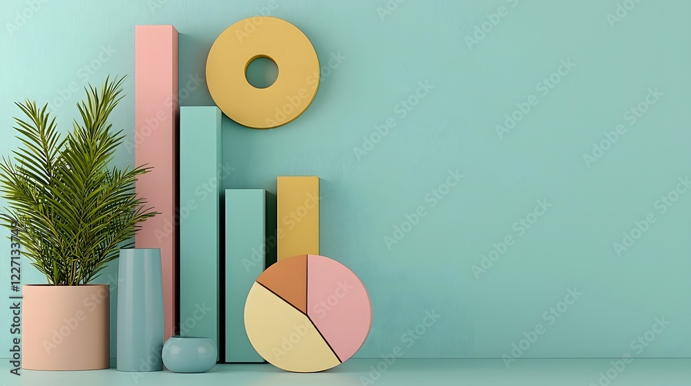 Poster Pastel hued Infographic Elements Featuring Floating Bar Graphs Circular Pie Charts and Smooth Line Plots Arranged on a Stylish Office Workspace Background