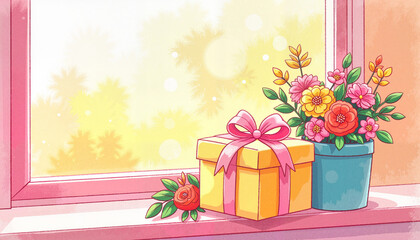 Colorful birthday gift wrapped with ribbon by sunny window, celebration