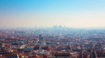 Obraz premium Hazy cityscape panorama, distant skyscrapers, sunrise, urban sprawl, travel brochure