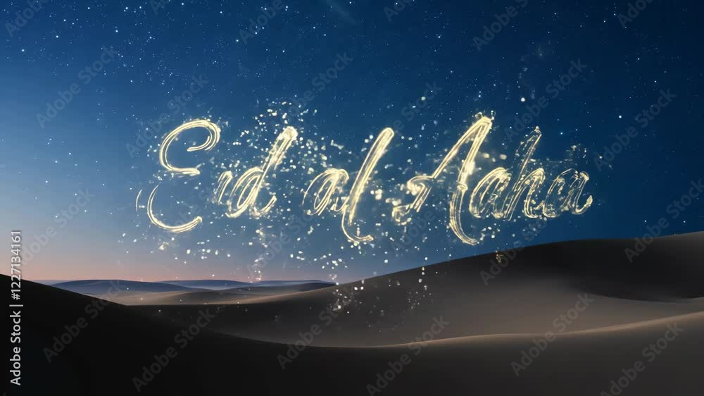 Poster the words eid al-adha are written in a glowing font. the font is in the middle of the image