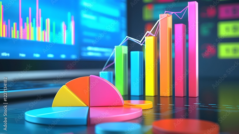 Aufkleber Sleek and modern 3D data analytics composition featuring delicate pastel colored infographic elements including segmented pie charts ascending bar graphs and smooth trend lines