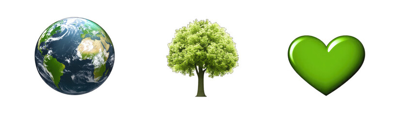 Earth Day Symbols. a Vibrant Globe Icon a Tree Sign a Green Heart Symbol for Rallies All White.. Isolated on a Transparent Background. Cutout PNG.