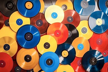 Many colorful vinyl records are creating a vibrant and retro design, covering a surface and showcasing various hues, evoking nostalgia for classic music and analog audio