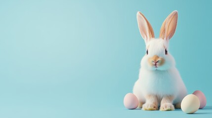 Obraz premium Adorable easter bunny on the plain blue background with a copy space on the left side