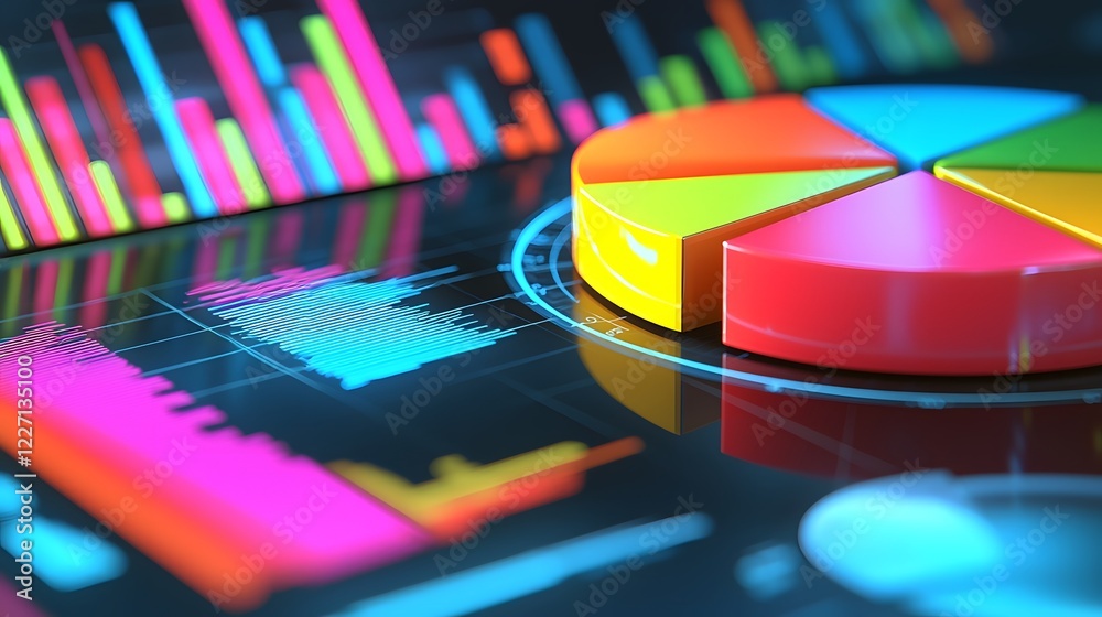 Fototapete Futuristic 3D data visualization scene featuring a colorful and pie chart with depth and lighting set on a professional financial dashboard displaying various bar graphs performance metrics