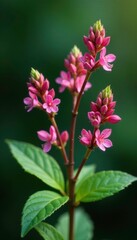 Fototapeta premium Small pink flowers on woody stems with leaves and twigs, twig, hyptis bushmint