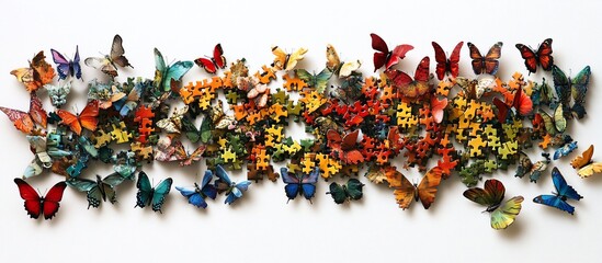 Fototapeta premium Colorful butterfly puzzle pieces on white background