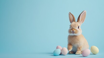 Fototapeta premium A lovely easter bunny on the plain blue background with a copy space