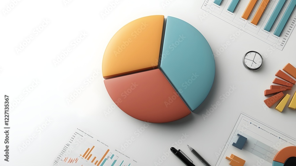 Poster Visually striking 3D pie chart with a polished multi tone color scheme resting on a financial desk surrounded by market trend reports and business intelligence graphs