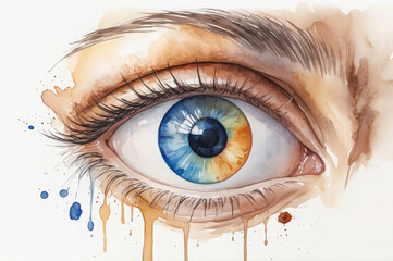 Watercolor illustration of a close-up of a girl's eyes on a white background.