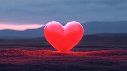 A red heart is on a sandy beach