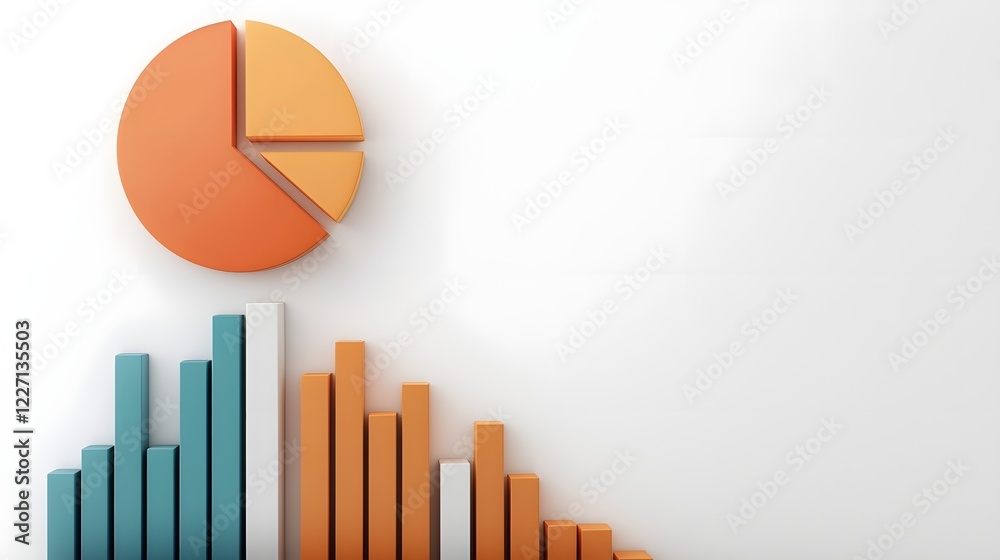 Fototapete Vibrant 3D data visualization display featuring a striking arrangement of colorful geometric pie charts sleek line graphs and elegant bar charts on a clean