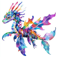 Vibrant watercolor sea dragon, colorful scales, whimsical design.