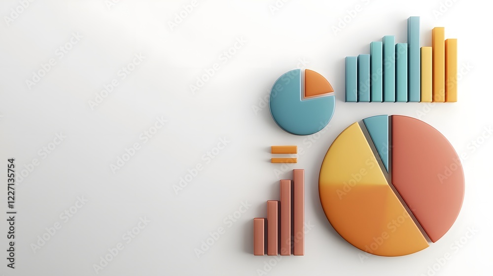 Fototapete Vibrant 3D Business Analytics Visualization with Floating Data Elements   Colorful Pie Charts Dynamic Bar Graphs and Structured Data Floating over a Pristine White Backdrop