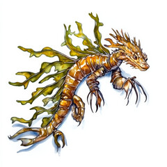 Obraz premium Watercolor painting of a fantastical sea dragon with leafy appendages.