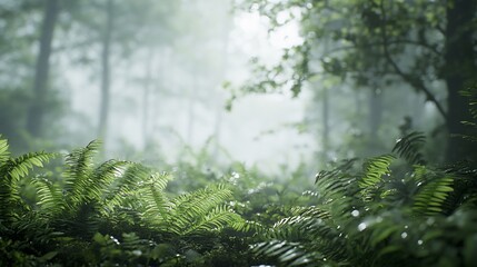 Obraz premium Misty forest ferns, lush greenery, background trees, game asset