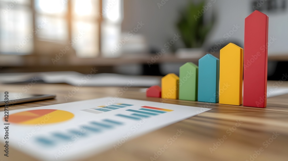 Poster A stylish and contemporary business workspace featuring a range of colorful data visualization elements including line graphs bar charts and pie charts