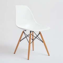 White plastic chair with wooden legs on white background. (2)