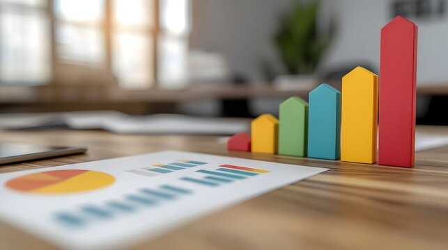 A stylish and contemporary business workspace featuring a range of colorful data visualization elements including line graphs bar charts and pie charts