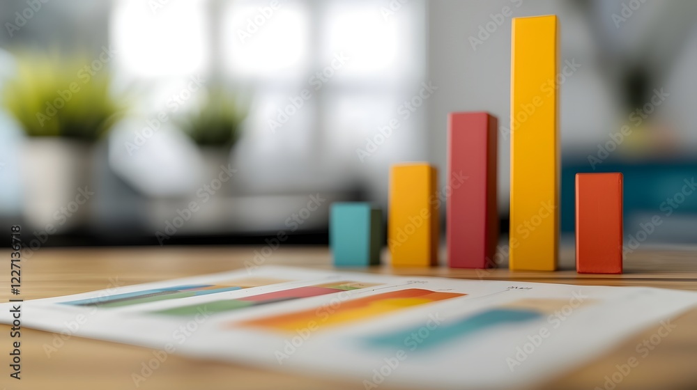 Poster cozy and professional workspace featuring a wooden desk with colorful financial graphs trend charts 