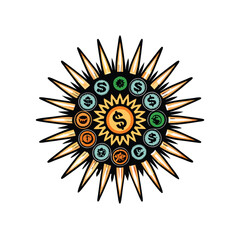 Create an abstract sunburst design radiating outwards, composed entirely of various currency symbols (dollar, euro, yen, pound, etc.), forming a vibrant and dynamic visual.